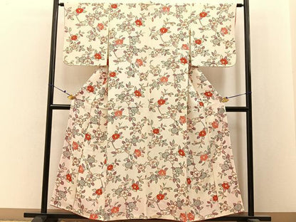 平和屋着物■上質な小紋　枝椿　鬼しぼ縮緬　正絹　逸品　未使用　BAAX6541hj