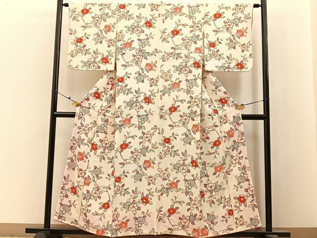 平和屋着物■上質な小紋　枝椿　鬼しぼ縮緬　正絹　逸品　未使用　BAAX6541hj