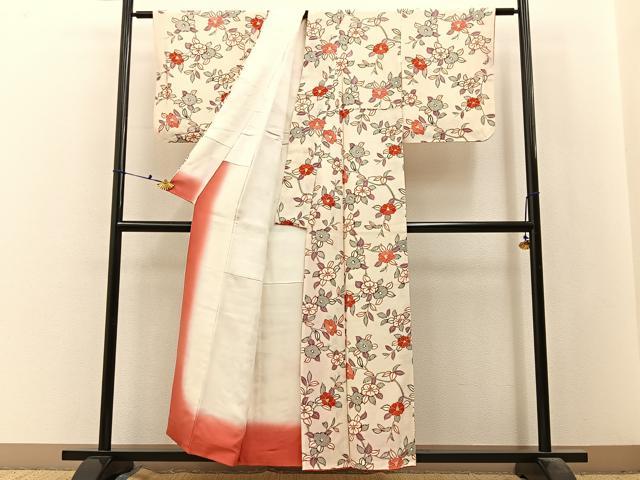 平和屋着物■上質な小紋　枝椿　鬼しぼ縮緬　正絹　逸品　未使用　BAAX6541hj