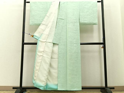 平和屋着物■上質な色無地　霞地紋　白緑色　正絹　逸品　BAAX6543hj