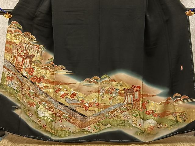 平和屋着物■豪華黒留袖　作家物　駒刺繍　宝尽くし御所車文　暈し染め　金銀彩　正絹　逸品　未使用　BAAX6559hj