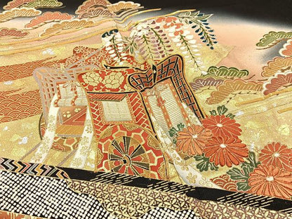 平和屋着物■豪華黒留袖　作家物　駒刺繍　宝尽くし御所車文　暈し染め　金銀彩　正絹　逸品　未使用　BAAX6559hj