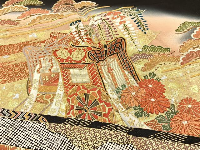 平和屋着物■豪華黒留袖　作家物　駒刺繍　宝尽くし御所車文　暈し染め　金銀彩　正絹　逸品　未使用　BAAX6559hj