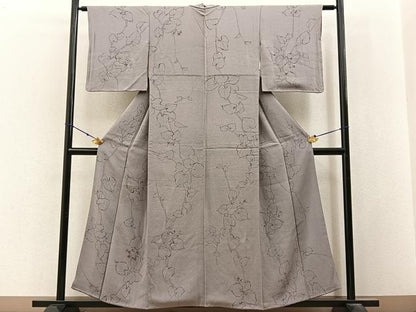 平和屋着物■上質な小紋　手描き　蔦の葉文　鬼しぼ縮緬　正絹　逸品　BAAX6581hj