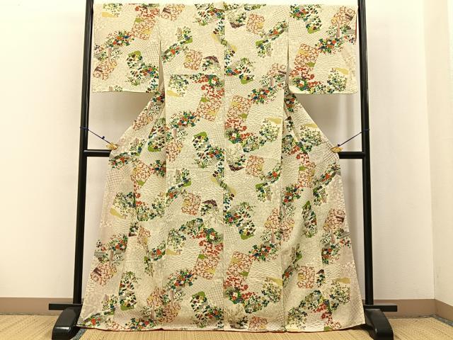 平和屋着物■上質な小紋　雲重ね色紙花文　金彩　鬼しぼ縮緬　正絹　逸品　BAAX6594hj