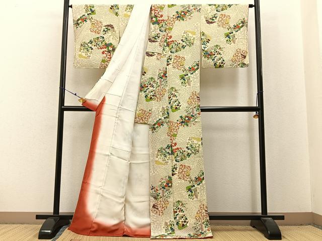 平和屋着物■上質な小紋　雲重ね色紙花文　金彩　鬼しぼ縮緬　正絹　逸品　BAAX6594hj