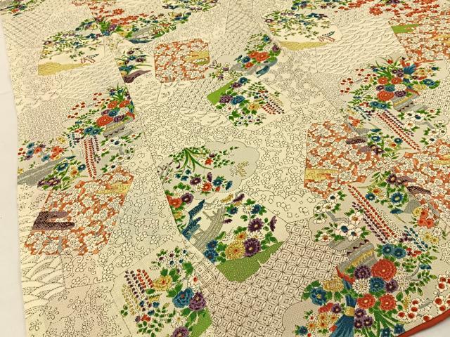 平和屋着物■上質な小紋　雲重ね色紙花文　金彩　鬼しぼ縮緬　正絹　逸品　BAAX6594hj