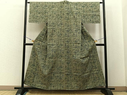 平和屋着物■上質な紬　藍　型染め　網干草花文　正絹　逸品　未使用　BAAX6598hj