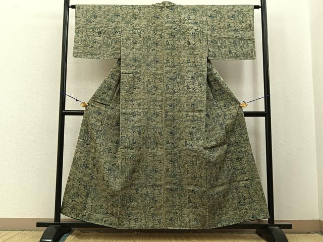 平和屋着物■上質な紬　藍　型染め　網干草花文　正絹　逸品　未使用　BAAX6598hj