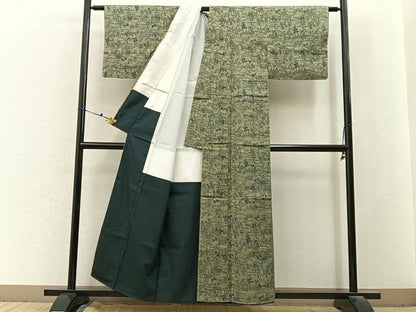 平和屋着物■上質な紬　藍　型染め　網干草花文　正絹　逸品　未使用　BAAX6598hj