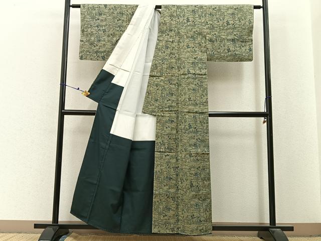 平和屋着物■上質な紬　藍　型染め　網干草花文　正絹　逸品　未使用　BAAX6598hj