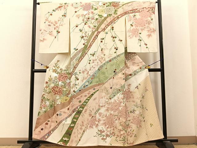 平和屋着物■訪問着　草花文　金銀彩　正絹　逸品　BAAX6607hj