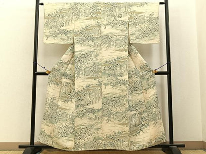 平和屋着物■上質な小紋　流水草花文　鬼しぼ縮緬　正絹　逸品　BAAX6621hj