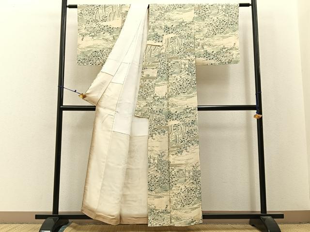 平和屋着物■上質な小紋　流水草花文　鬼しぼ縮緬　正絹　逸品　BAAX6621hj