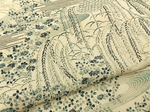 平和屋着物■上質な小紋　流水草花文　鬼しぼ縮緬　正絹　逸品　BAAX6621hj