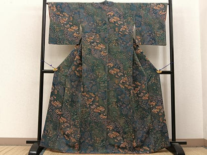 平和屋着物■上質な小紋　片輪車花文　暈し染め　鬼しぼ縮緬　正絹　逸品　BAAX6630hj
