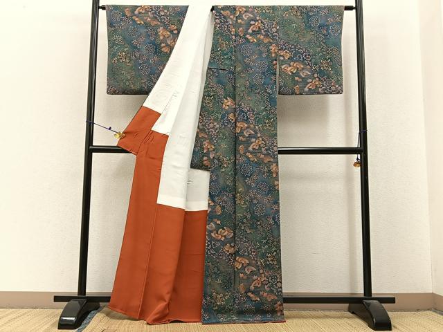 平和屋着物■上質な小紋　片輪車花文　暈し染め　鬼しぼ縮緬　正絹　逸品　BAAX6630hj