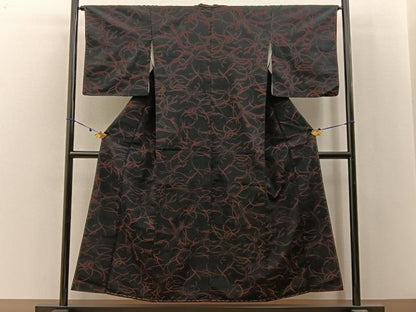 平和屋着物■上質なお召　抽象文様　黒地　正絹　逸品　未使用　BAAX6638hj
