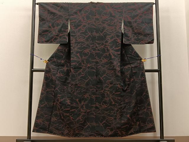 平和屋着物■上質なお召　抽象文様　黒地　正絹　逸品　未使用　BAAX6638hj