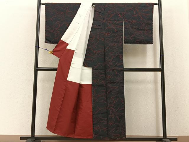 平和屋着物■上質なお召　抽象文様　黒地　正絹　逸品　未使用　BAAX6638hj