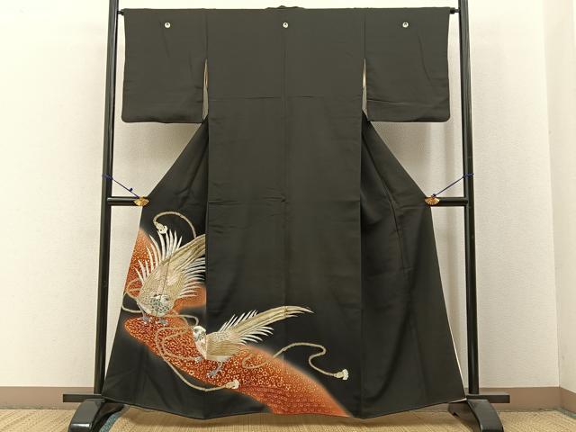 平和屋着物■豪華黒留袖　刺繍　尾長鶏　暈し染め　金彩　正絹　逸品　BAAX6648hj