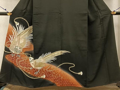 平和屋着物■豪華黒留袖　刺繍　尾長鶏　暈し染め　金彩　正絹　逸品　BAAX6648hj