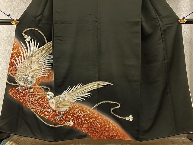 平和屋着物■豪華黒留袖　刺繍　尾長鶏　暈し染め　金彩　正絹　逸品　BAAX6648hj