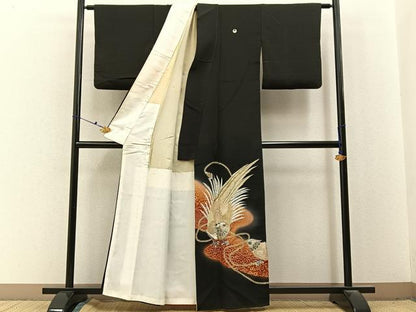 平和屋着物■豪華黒留袖　刺繍　尾長鶏　暈し染め　金彩　正絹　逸品　BAAX6648hj