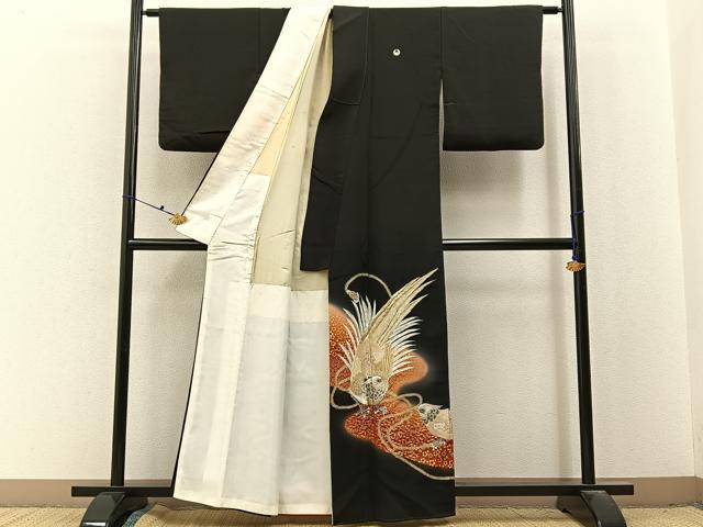 平和屋着物■豪華黒留袖　刺繍　尾長鶏　暈し染め　金彩　正絹　逸品　BAAX6648hj