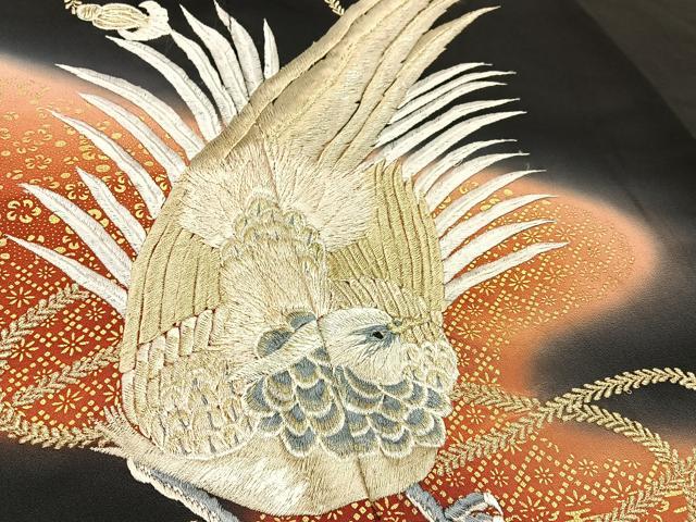 平和屋着物■豪華黒留袖　刺繍　尾長鶏　暈し染め　金彩　正絹　逸品　BAAX6648hj