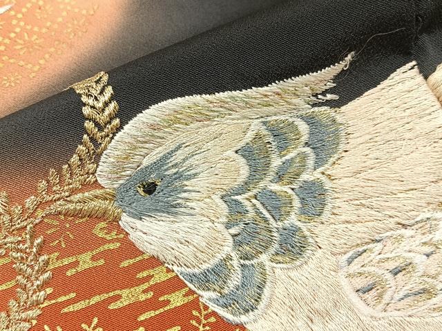 平和屋着物■豪華黒留袖　刺繍　尾長鶏　暈し染め　金彩　正絹　逸品　BAAX6648hj