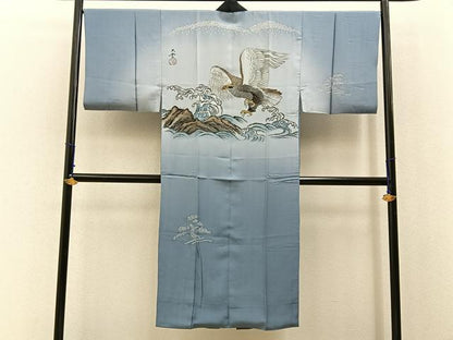 平和屋着物■男性　長襦袢　袷　手描き　絞り　鷹　暈し染め　正絹　逸品　BAAX6649hj