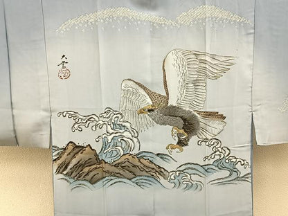 平和屋着物■男性　長襦袢　袷　手描き　絞り　鷹　暈し染め　正絹　逸品　BAAX6649hj