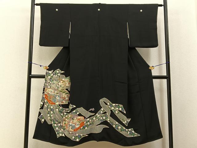 平和屋着物■豪華黒留袖　駒刺繍　束ね熨斗文箱花鳥文　金彩　正絹　逸品　BAAX6651hj