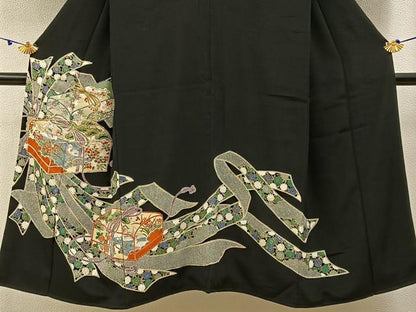 平和屋着物■豪華黒留袖　駒刺繍　束ね熨斗文箱花鳥文　金彩　正絹　逸品　BAAX6651hj