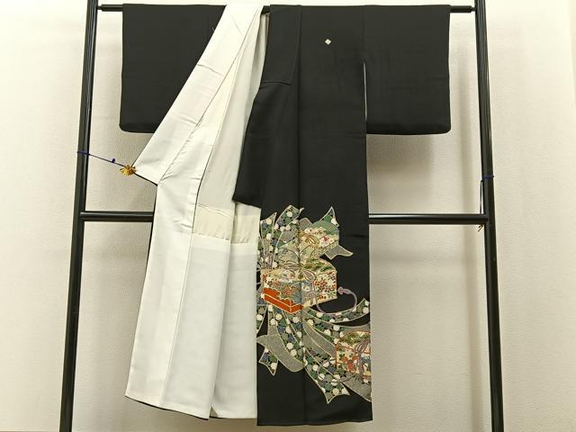 平和屋着物■豪華黒留袖　駒刺繍　束ね熨斗文箱花鳥文　金彩　正絹　逸品　BAAX6651hj