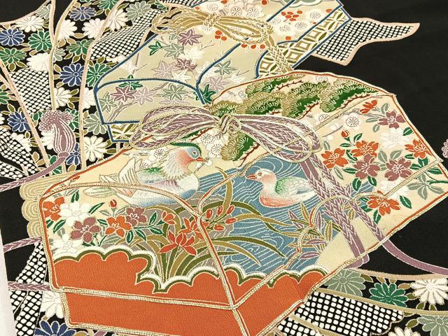 平和屋着物■豪華黒留袖　駒刺繍　束ね熨斗文箱花鳥文　金彩　正絹　逸品　BAAX6651hj