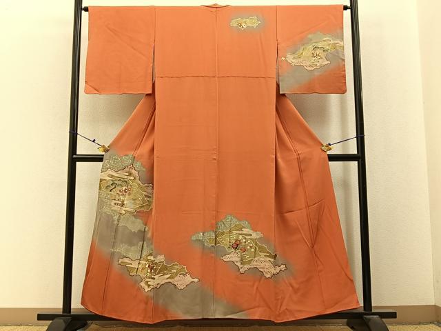 平和屋着物■訪問着　松竹梅　扇面草花文　暈し染め　金彩　正絹　逸品　BAAX6654hj