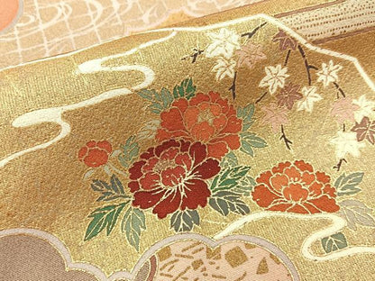 平和屋着物■訪問着　松竹梅　扇面草花文　暈し染め　金彩　正絹　逸品　BAAX6654hj