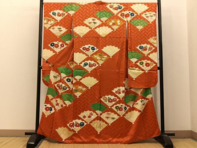 平和屋着物■豪華振袖　駒刺繍　扇面草花文　金彩　正絹　逸品　BAAX6670hj