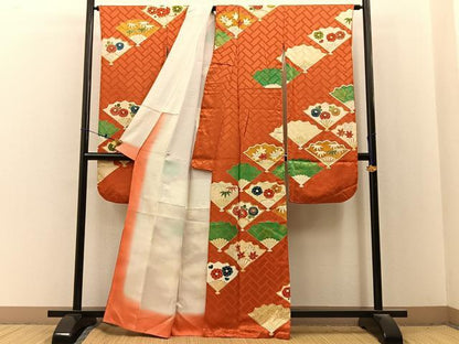 平和屋着物■豪華振袖　駒刺繍　扇面草花文　金彩　正絹　逸品　BAAX6670hj