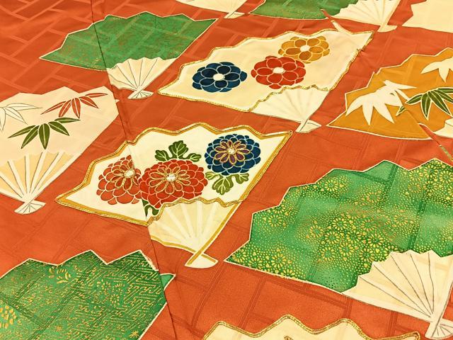 平和屋着物■豪華振袖　駒刺繍　扇面草花文　金彩　正絹　逸品　BAAX6670hj