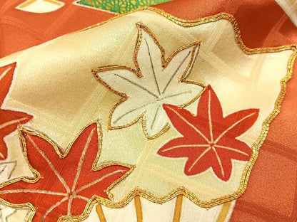 平和屋着物■豪華振袖　駒刺繍　扇面草花文　金彩　正絹　逸品　BAAX6670hj