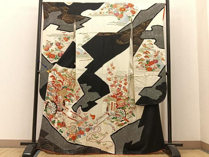 平和屋着物■豪華振袖　駒刺繍　絞り　御所車花文　金彩　正絹　逸品　BAAX6671hj