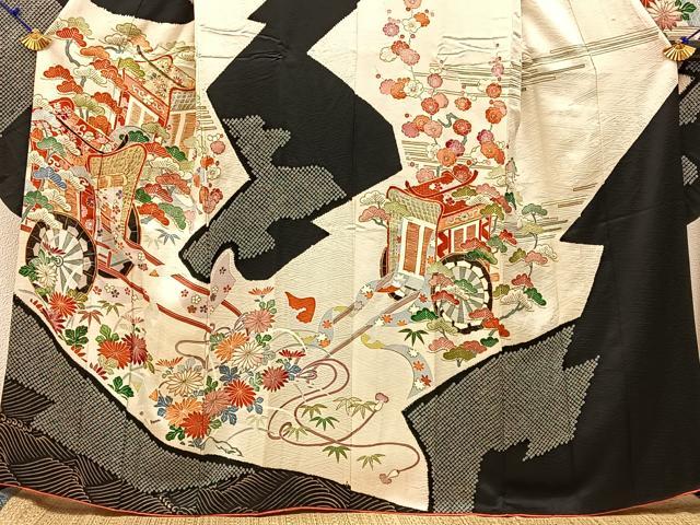 平和屋着物■豪華振袖　駒刺繍　絞り　御所車花文　金彩　正絹　逸品　BAAX6671hj