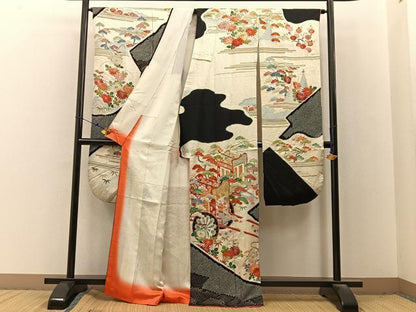 平和屋着物■豪華振袖　駒刺繍　絞り　御所車花文　金彩　正絹　逸品　BAAX6671hj