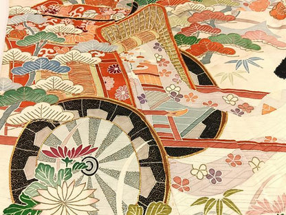平和屋着物■豪華振袖　駒刺繍　絞り　御所車花文　金彩　正絹　逸品　BAAX6671hj