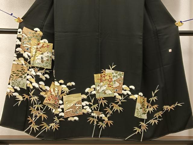 平和屋着物■豪華黒留袖　作家物　駒刺繍　群鶴　松竹梅　金彩　正絹　逸品　BAAX6673hj
