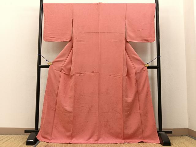 平和屋着物■上質な色無地　墨流し文様　甚三紅色　ロング丈　正絹　逸品　未使用　BAAX6675hj