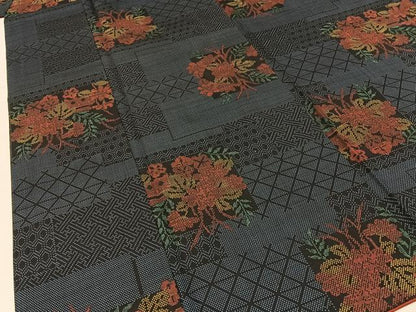 平和屋着物■本場大島紬　7マルキ　横段草花文　正絹　逸品　BAAX6682hj